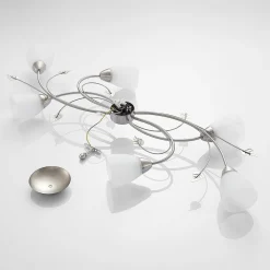 Lindby plafondlamp Yannie, 6-lamps, 106 cm, nikkel/wit, glas