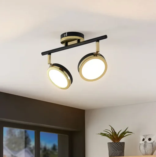 Lindby plafondspot Alsani, 2-lamps, staal, zwart, goud