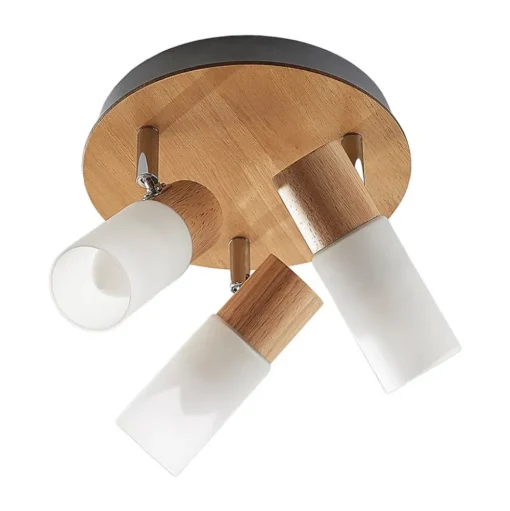 Lindby plafondspot Christoph, 20 cm, 3-lamps, hout, rondel