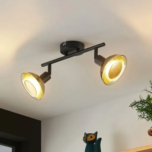 Lindby plafondspot Erin, zwart/goud, 2-lamps, glas