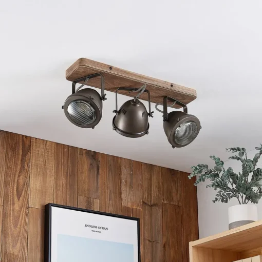 Lindby plafondspot Farovi, zwart, 44 cm, 3-lamps, hout, GU10
