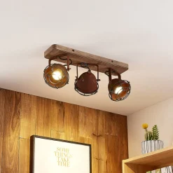 Lindby plafondspot Farovi, roest, 45 cm, 3-lamps, hout, GU10