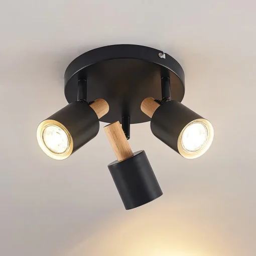 Lindby plafondspot Junes, 3-lamps, Ø 30 cm, zwart, hout