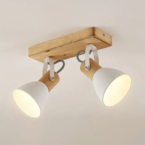 Lindby plafondspot Merela, wit, 28 cm, 2-lamps, hout, E14