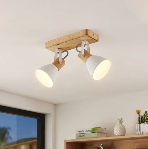 Lindby plafondspot Merela, wit, 28 cm, 2-lamps, hout, E14
