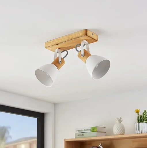 Lindby plafondspot Merela, wit, 28 cm, 2-lamps, hout, E14