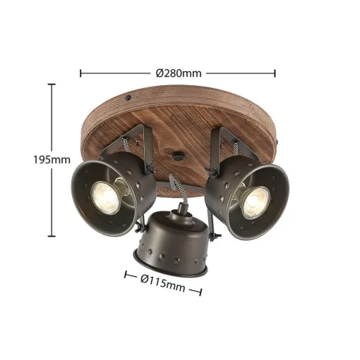 Lindby plafondspot Rubinjo, Ø 31 cm, 3-lamps, hout, GU10