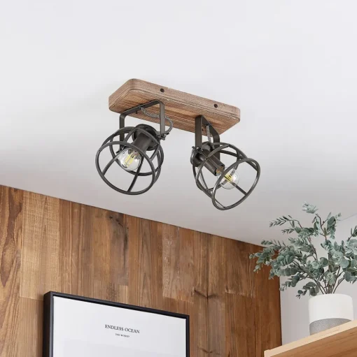 Lindby plafondspot Rutger, 36cm, 2-lamps, hout, kooi, E14