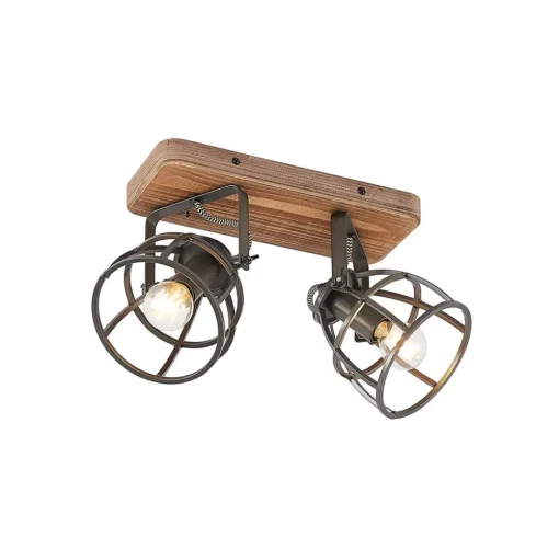 Lindby plafondspot Rutger, 36cm, 2-lamps, hout, kooi, E14
