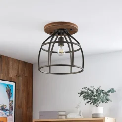 Lindby plafondspot Rutger, Ø 34 cm, hout, kooi, E27