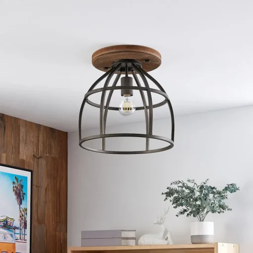 Lindby plafondspot Rutger, Ø 34 cm, hout, kooi, E27