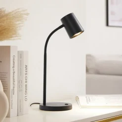 Lindby Radka tafellamp, zwart, kunststof, flexibele arm