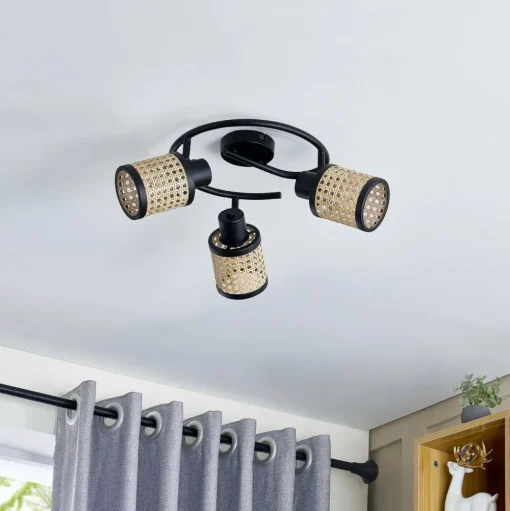Lindby spot Yaelle, Ø 30 cm, 3-lamps, rotan, zwart, E27