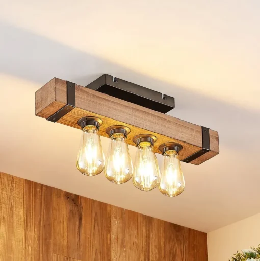 Lindby Sverina plafondlamp, 46 cm, bruin, hout, metaal
