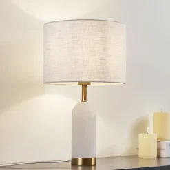 Lindby tafellamp albast, wit/goud, Ø 30 cm, marmer, E27