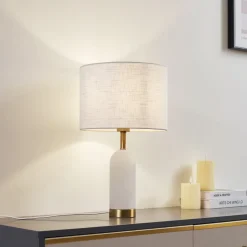 Lindby tafellamp albast, wit/goud, Ø 30 cm, marmer, E27