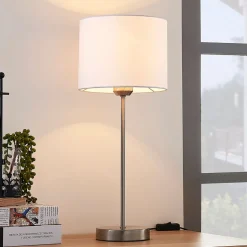 Lindby tafellamp Annatina, wit, nikkel, hoogte 48 cm, textiel