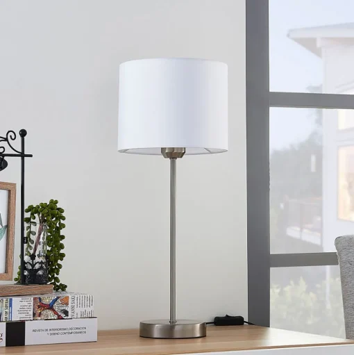 Lindby tafellamp Annatina, wit, nikkel, hoogte 48 cm, textiel