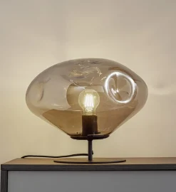 Lindby tafellamp Lelia, rookgrijs, glas, metaal, Ø 35 cm