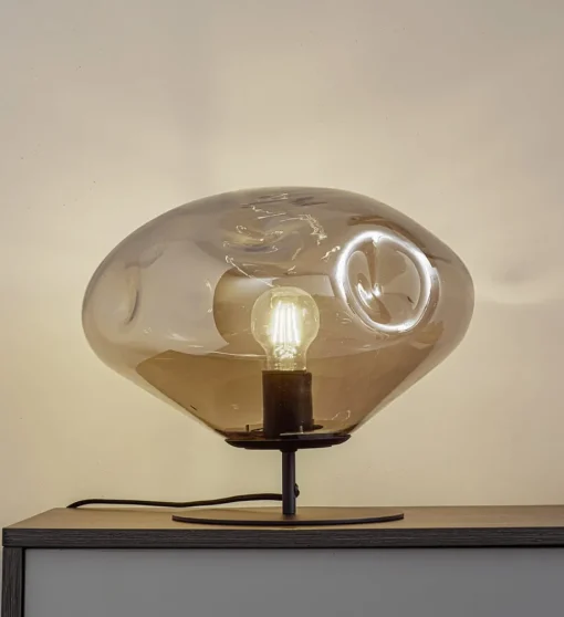 Lindby tafellamp Lelia, rookgrijs, glas, metaal, Ø 35 cm