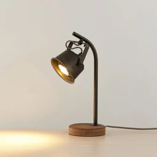 Lindby tafellamp Rubinjo, 37cm, zwart, hout, metaal, GU10