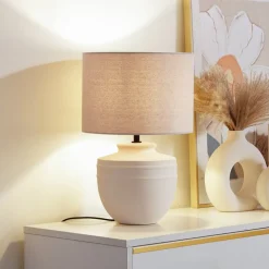 Lindby tafellamp Thalassia, beige, Ø 30 cm, keramiek