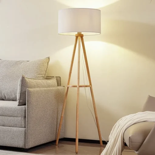 Lindby vloerlamp Adamio, Ø 45,5 cm, wit, textiel, driepoot