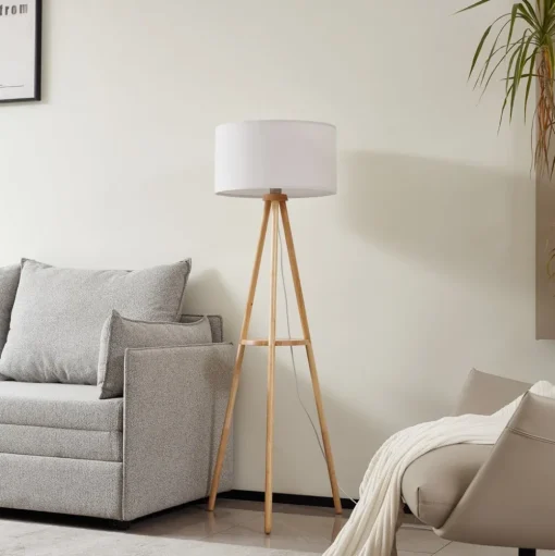 Lindby vloerlamp Adamio, Ø 45,5 cm, wit, textiel, driepoot