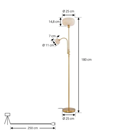 Lindby vloerlamp Aliette, goud/amber, glas, leeslampje