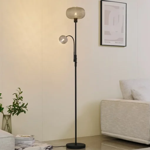 Lindby vloerlamp Aliette, zwart/grijs, glas, leeslampje