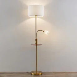 Lindby vloerlamp Aovan, bronskleurig, plank, USB-aansluiting