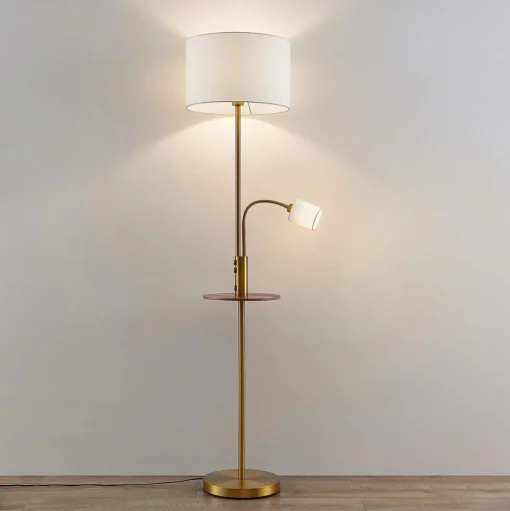 Lindby vloerlamp Aovan, bronskleurig, plank, USB-aansluiting