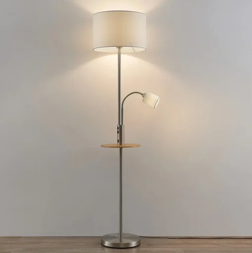 Lindby vloerlamp Aovan, nikkelkleurig, opbergvak, USB-aansluiting