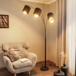 Lindby vloerlamp Nanika, zwart/goud, 202 cm, E27, 3-lamps.