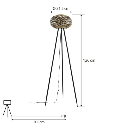 Lindby vloerlamp Nerys, zwart, bamboe, Ø 31,5 cm, driepoot