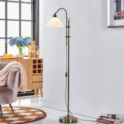 Lindby vloerlamp Otis, antiek messing, glas, 170 cm, E27
