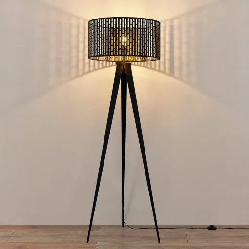 Lindby vloerlamp Thoralf, driepoot, zwart, textiel, Ø50cm
