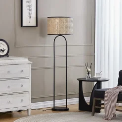 Lindby vloerlamp Yaelle, 146 cm hoog, rotan, zwart, E27