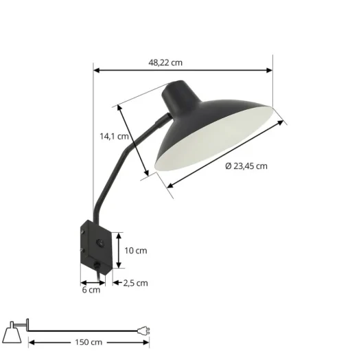 Lindby wandlamp Adrik, zwart, metaal, met stekker