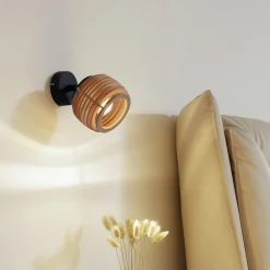 Lindby wandlamp Ediz, GU10, zwart, hout, Ø 12,7 cm