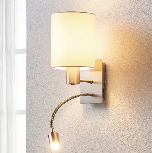 Lindby wandlamp Shajan, 29 cm, textiel, E27, LED leeslampje