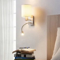 Lindby wandlamp Shajan, 29 cm, textiel, E27, LED leeslampje