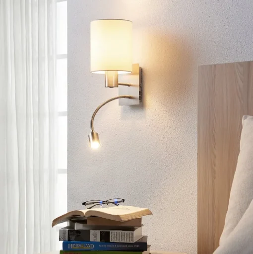 Lindby wandlamp Shajan, 29 cm, textiel, E27, LED leeslampje