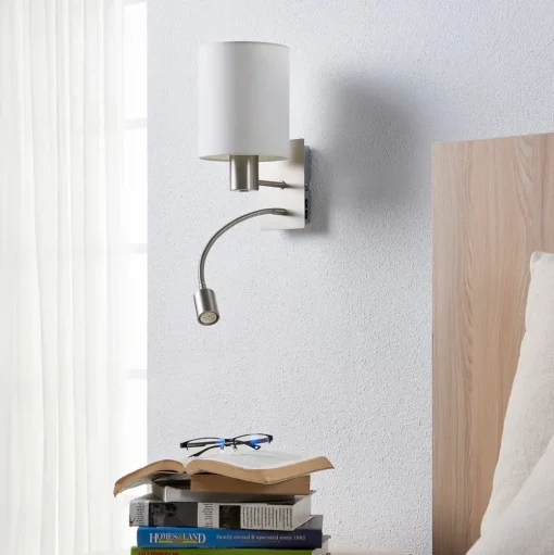 Lindby wandlamp Shajan, 29 cm, textiel, E27, LED leeslampje