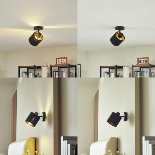 Lindby wandlamp Vasilia, Ø 12 cm, zwart/goud, stof