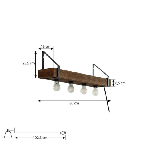 Lindby wandlamp Vatana, hout, stekker, USB-poort, 80 cm