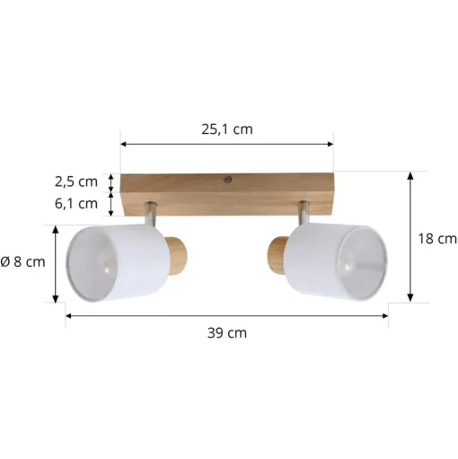 Lindby Wanessa plafondspot, 39cm, 2-lamps, hout, wit, E14