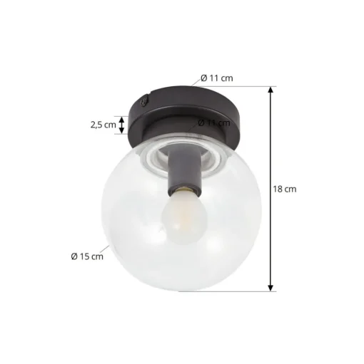 Lucande Badolo plafondlamp, zwart, glas, Ø 15 cm, IP44