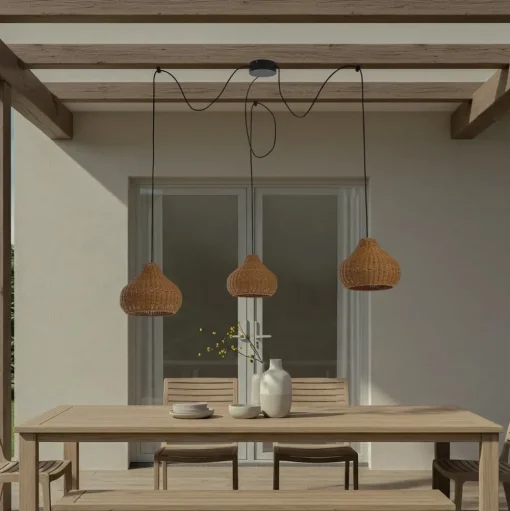 Lucande buiten hanglamp Taniola, 3-lamps, beige, rotan, IP44