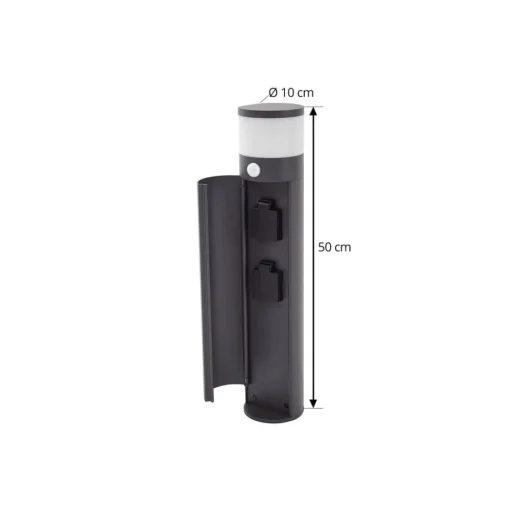 Lucande Corban sokkellamp, grijs, sensor, stopcontacten, IP44